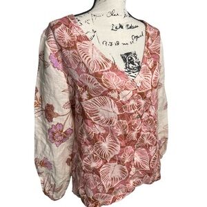 Tahari Linen Blouse Pink Cream Floral Button Up Long Poet Sleeve V-neck